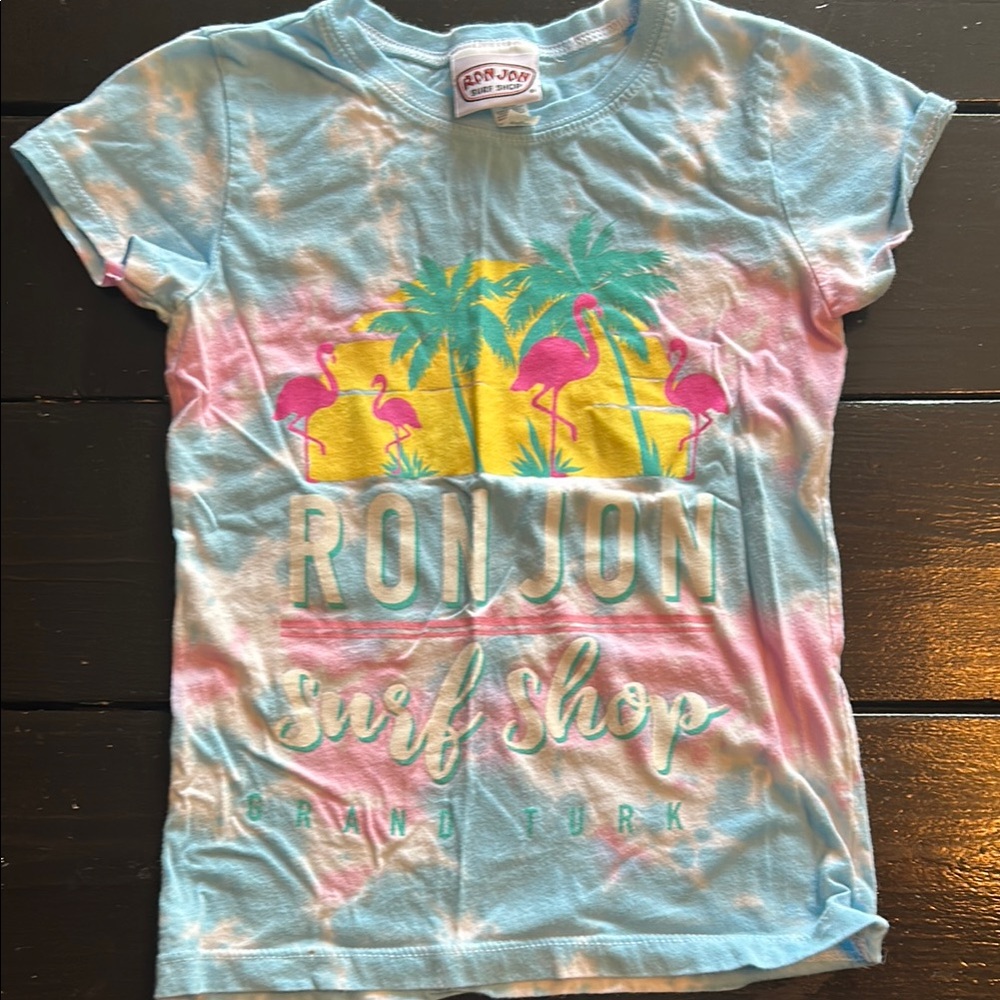 Ron Jon Blue and Pink Short Sleeve Tee with Tropical Design